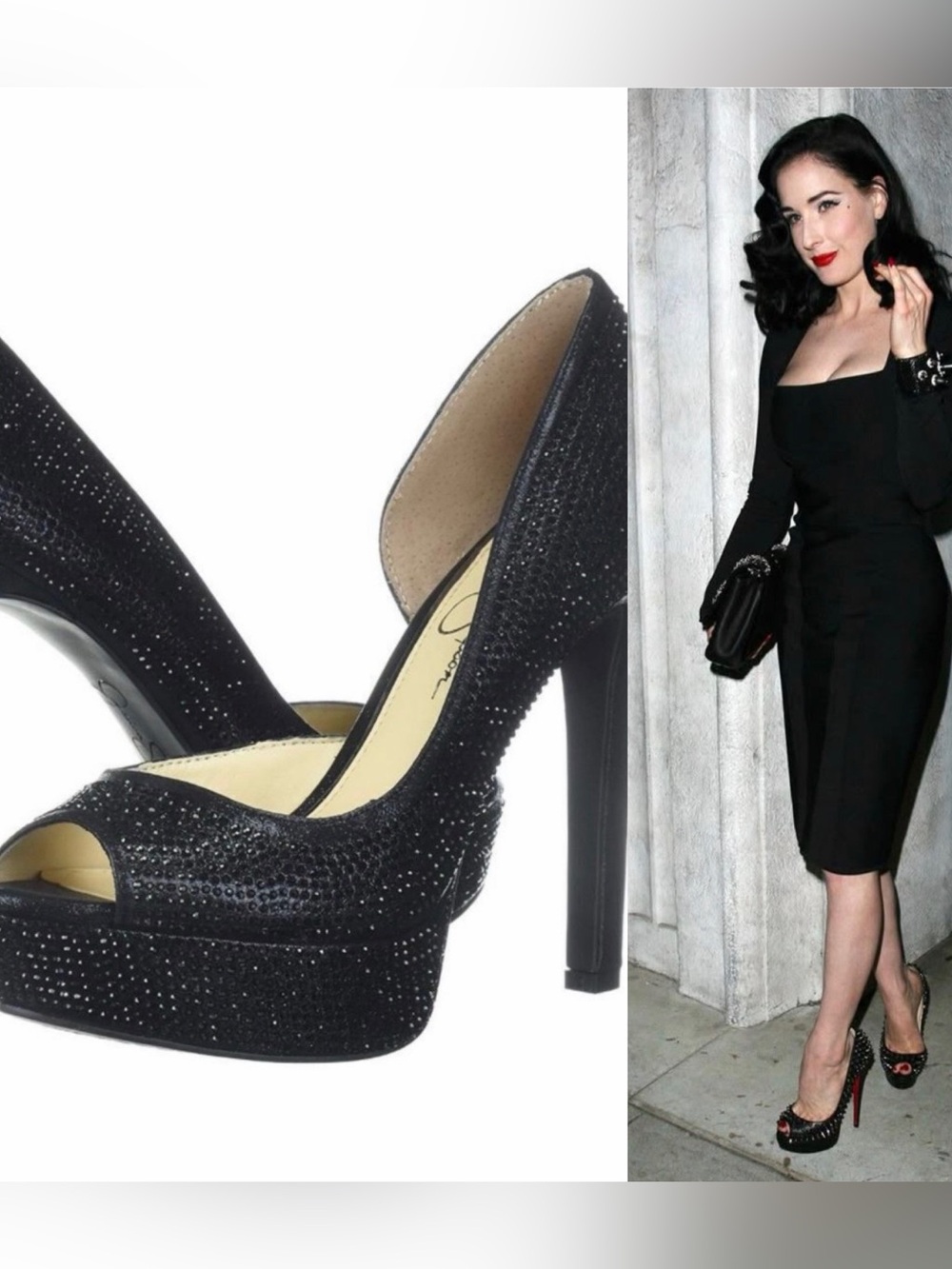 ♥️ Jessica Simpson Black Rhinestone Peep-Toe d’Orsay Pumps